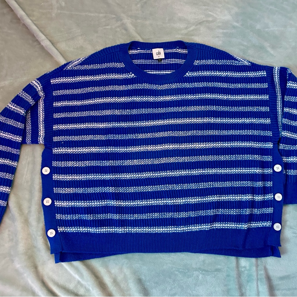 CAbi Blue and White Striped Sweater with Button Details